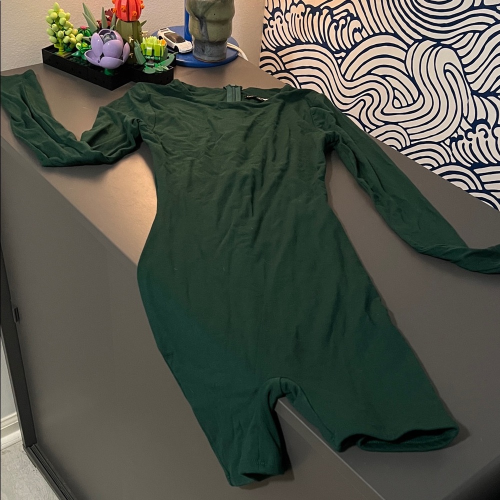 Fashion Nova Green Long Sleeve Shorts Bodysuit